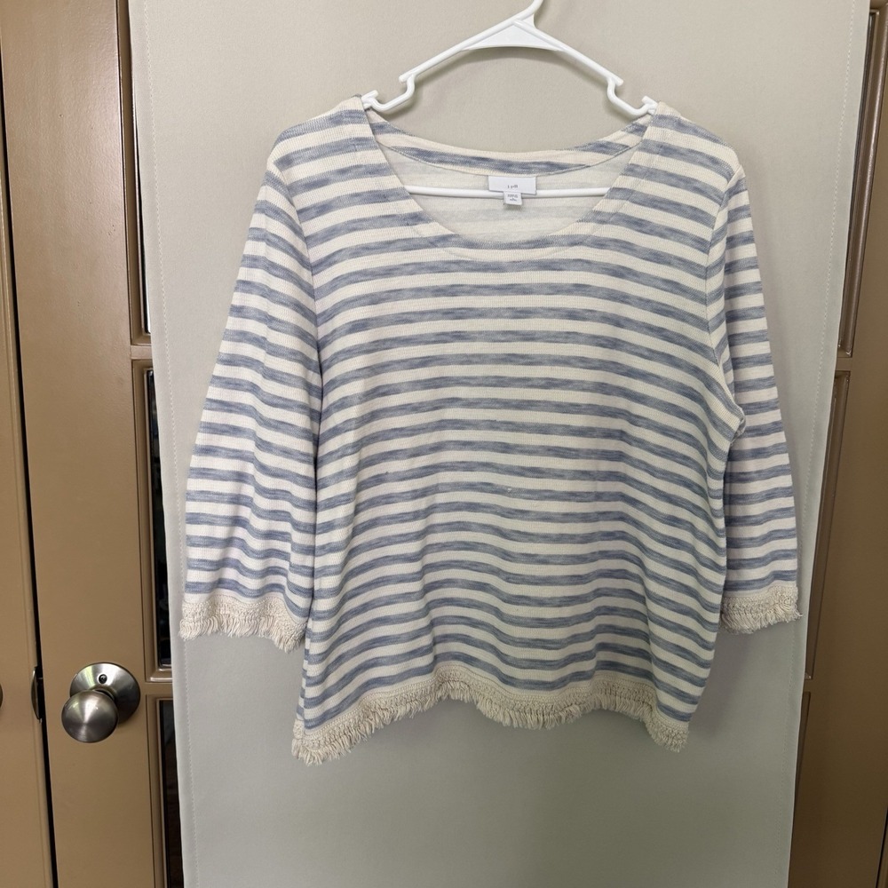 J. Jill Womens Large Petite Blue White Stripe Tassel Trim 3/4‎ Sleeve Pullover